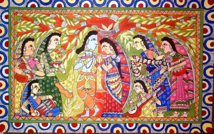 Radha Krishna with Gopikas - Madhubani Painting (4 x 2 feet ...