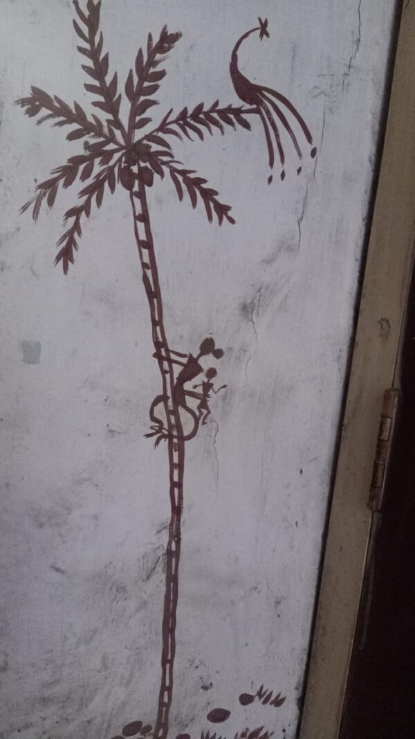 Mother Gathering Coconut, Original Warli Wall Painting [Digital Image]