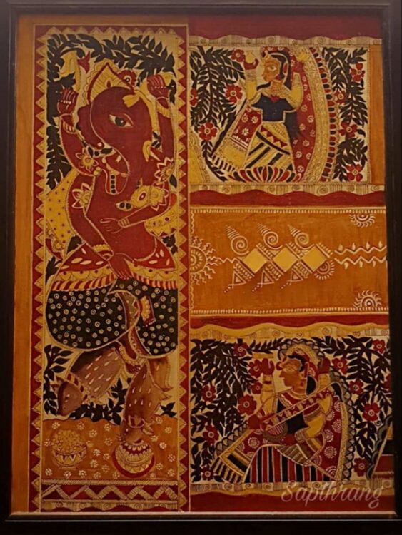 Multicolor - Lakshmi Ganesha with Kalash Handpainted Madhubani Painting by Hira Devi (15 x 22 in) main image 0