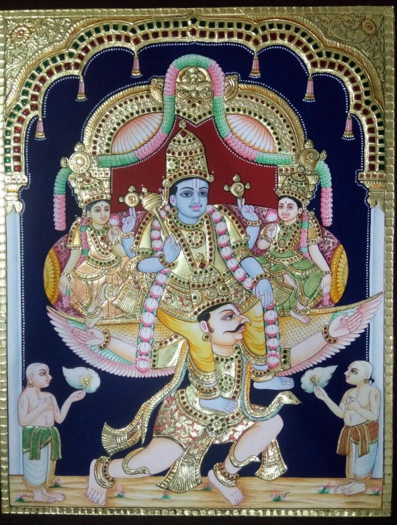 Lord Vishnu on Garuda Tanjore Painting, Senthil Kumar,