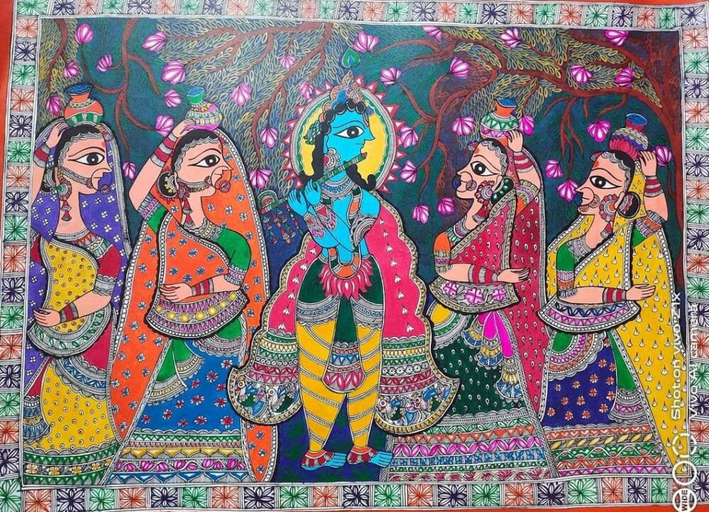 Radha Krishan with Gopis – Madhubani painting (22″ x 30 ...