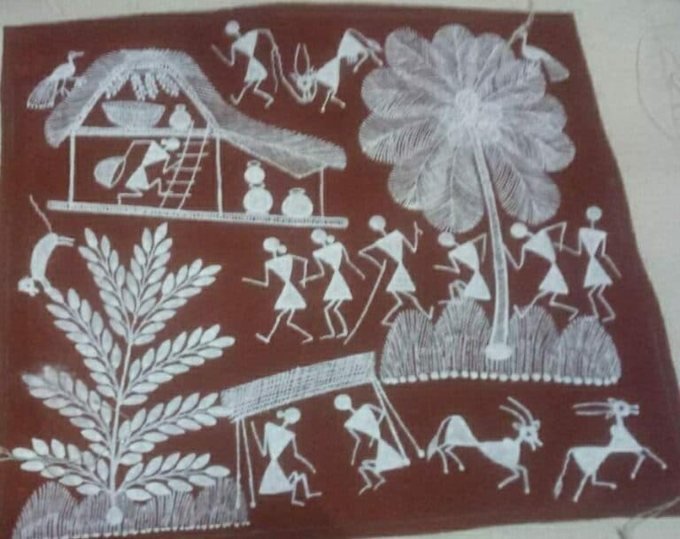 Rural Activities - Warli painting (8" x 9') | International Indian Folk