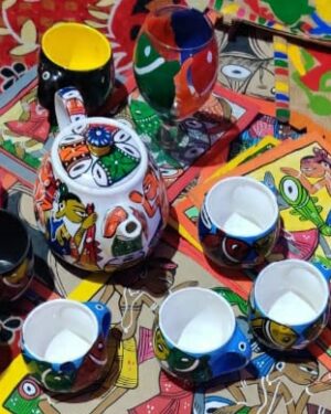 Teapot and cups - kalighat painting - Indian handictraft - Dilu Chitrakar - 03