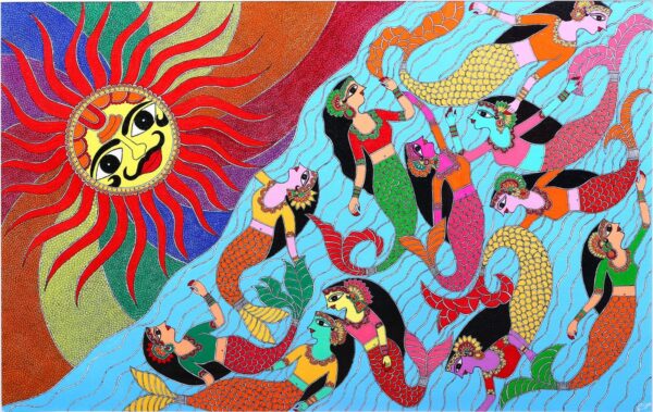 Mermaid with Sun - Madhubani painting - Renu Singh - 05