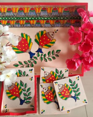 Wooden tray with coasters - Madhubanni painting - Indian handicraft - Soni Jha - 02