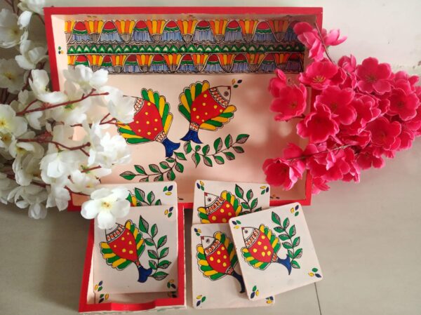 Wooden tray with coasters - Madhubanni painting - Indian handicraft - Soni Jha - 02