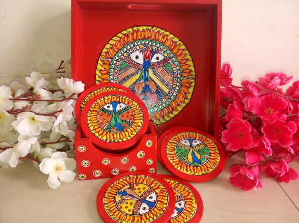 Wooden tray with coasters - Madhubanni painting - Indian handicraft - Soni Jha - 03