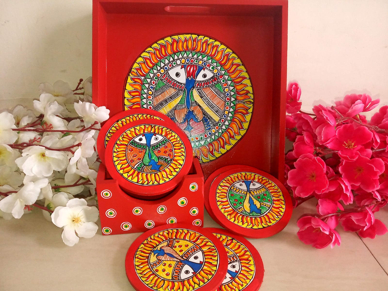 Handpainted Wooden Tray With Coasters #2 - Madhubani Painting - Indian ...