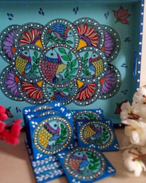 Wooden tray with coasters - Madhubanni painting - Indian handicraft - Soni Jha - 04