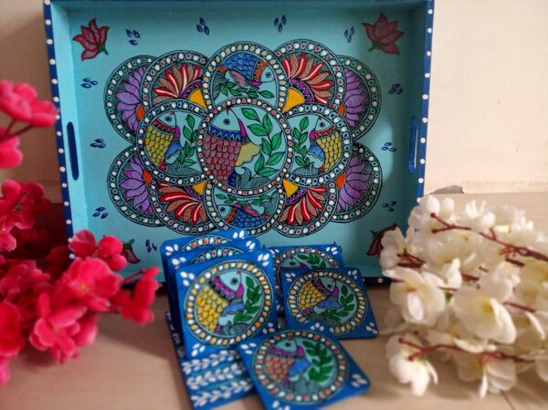 Wooden tray with coasters - Madhubanni painting - Indian handicraft - Soni Jha - 04