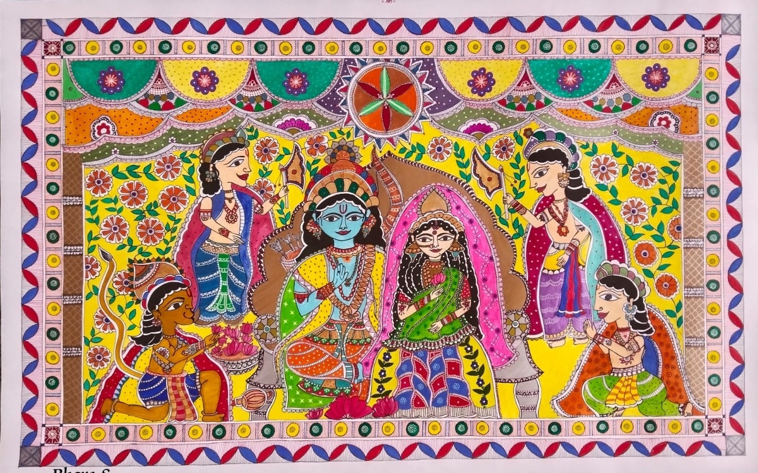 Shree Ram Darbar - Madhubani Painting (2ft X 4ft) - International 