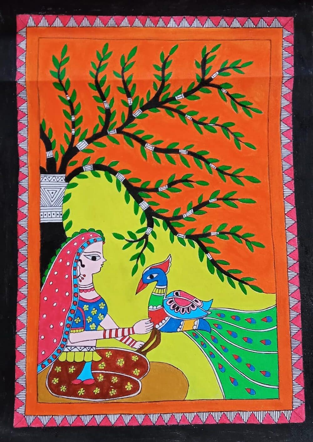 Girl holding a Peacock #1 - Madhubani Painting (15" x 20 ...