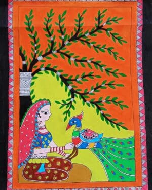 Girl holding a peacock - Madhubani - Antra - 44