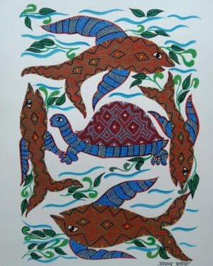 Fishes and Tortoise - Bhil painting - Anand Bariya - 08