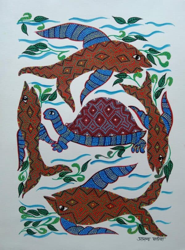 Fishes and Tortoise - Bhil painting - Anand Bariya - 08