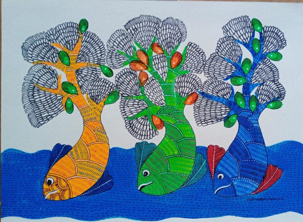 Tree Of Life 5 Gond Painting 24 X 36 International Indian Folk   Gond Painting Aatmaram 09 1024x750 