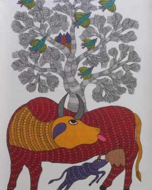 Cow and calf - Gond Painting - Aman Tekam - 01