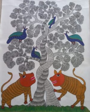 Tigers and Peacocks - Gond Painting - Aman Tekam - 09