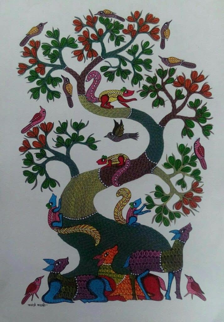 Tree Of Life 1 Gond Painting 36 X 24 International Indian Folk   Gond Painting Basanti Maravi 02 714x1024 