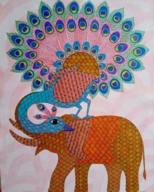 Peacock and Elephant - Gond Painting - Raju - 02
