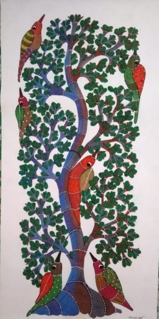 Tree Of Life 2 Gond Painting 17 X 30 International Indian Folk   Gond Painting Shailendra 02 513x1024 