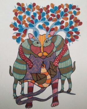 Lion, deer and tree - Gond Painting - Sukhiram - 02