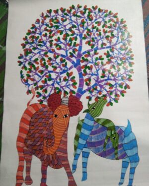 Elephant, Deer and Tree - Gond Painting - Sukhiram - 06