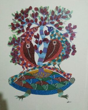 Birds sitting on a Turtle - Gond Painting - Sukhiram - 10