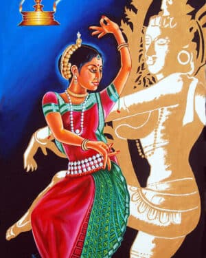 KUCHIPUDI— the Dance of Delight Out of Eleven classical Dances that emerged from whole of India, four originated from south India. Kuchipudi is one among them. As it existed in a village named kuchipudi much before known around, the dance is called Kuchipudi Dance. The ancient Sanskrit texts, being the source and reference of all classical dances of south India, there are lot of similarities between BaharathaNatyam and kuchipudi in form, content and presentation. Giving facial and hand expression in eloquent manner with in the orbit of natyasasathra is the hall mark of kuchipudi dance system. This painting has a mix of vibrant colours and creative use of shapes and varied patterns and techniques. Size: 29”x18”. Year 2019. Unframed. Rolled. Original painting oil on canvas. Signed.