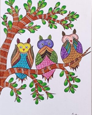Three Wise Owl - Gond painting - Sindhu - 04