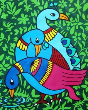 NATURE'S HARMONY Modern and Contemporary Art This artwork is a vibrant and stylized depiction of three birds, rendered in a bright, folk-art-inspired palette against a lush green background. The birds are predominantly blue, with bold outlines that emphasize their simple but expressive shapes. Their bodies are punctuated by vivid red and yellow accents, with a striking contrast that makes each bird stand out distinctly. The background is a tapestry of leaves and flowers in various shades of green, creating an intricate, almost hypnotic pattern that invokes a sense of natural abundance and harmony. The detailed foliage adds depth and richness, while providing a serene and lively setting for the birds. Each bird exhibits a playful posture: the lower bird is drinking water, indicated by concentric ripples around its beak, symbolizing life and nourishment. The other two birds appear alert and curious, their round eyes and poised necks lending personality and a touch of narrative intimacy to the scene. Artistically, the piece could be influenced by traditional folk art styles from regions such as India, where birds are often symbolic of freedom, beauty, and connection to the divine. The choice of colors and patterns might signify joy, vitality, and the interconnectedness of life. Overall, the image is a captivating celebration of nature’s beauty, portrayed through a lens of cultural symbolism and vivid, joyful color. It invites viewers to pause and appreciate the small but profound moments found in the natural world. SIZE:24"X18”. ORIGINAL PAINTING OIL ON CANVAS. YEAR2025 . UNFRAMED. ROLLED. SIGNED. CONDITION; EXCELLENT
