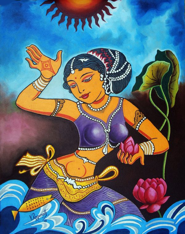 SPIRITUAL BEAUTY Decorative art (Ancient style of Art) This painting depicts a dancing girl arriving with lotus flowers to welcome the king in ancient times. Adolescent girl with her own ornaments is bent and has one hand raised and a lotus flower in the other hand. Beautiful pearl embellishment with hair statue. Gold pendant in between. The body and the chest are embossed like gold. The goldfish stares at her. The beauty of the lotus pond at the back. Leaves and flowers add more beauty. The light from the sun above is circled in red. This is a fantasy painting. Find out.