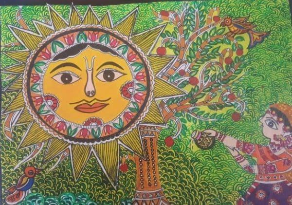The Sun God - Madhubani painting (8" x 11")