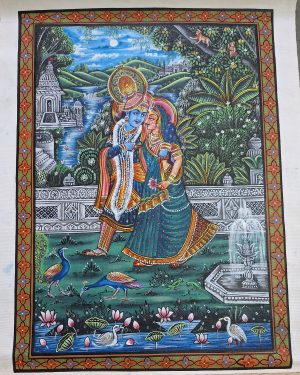 radha, krishna, garden, river, temple, vibrant, peacocks, nature, love, relationship