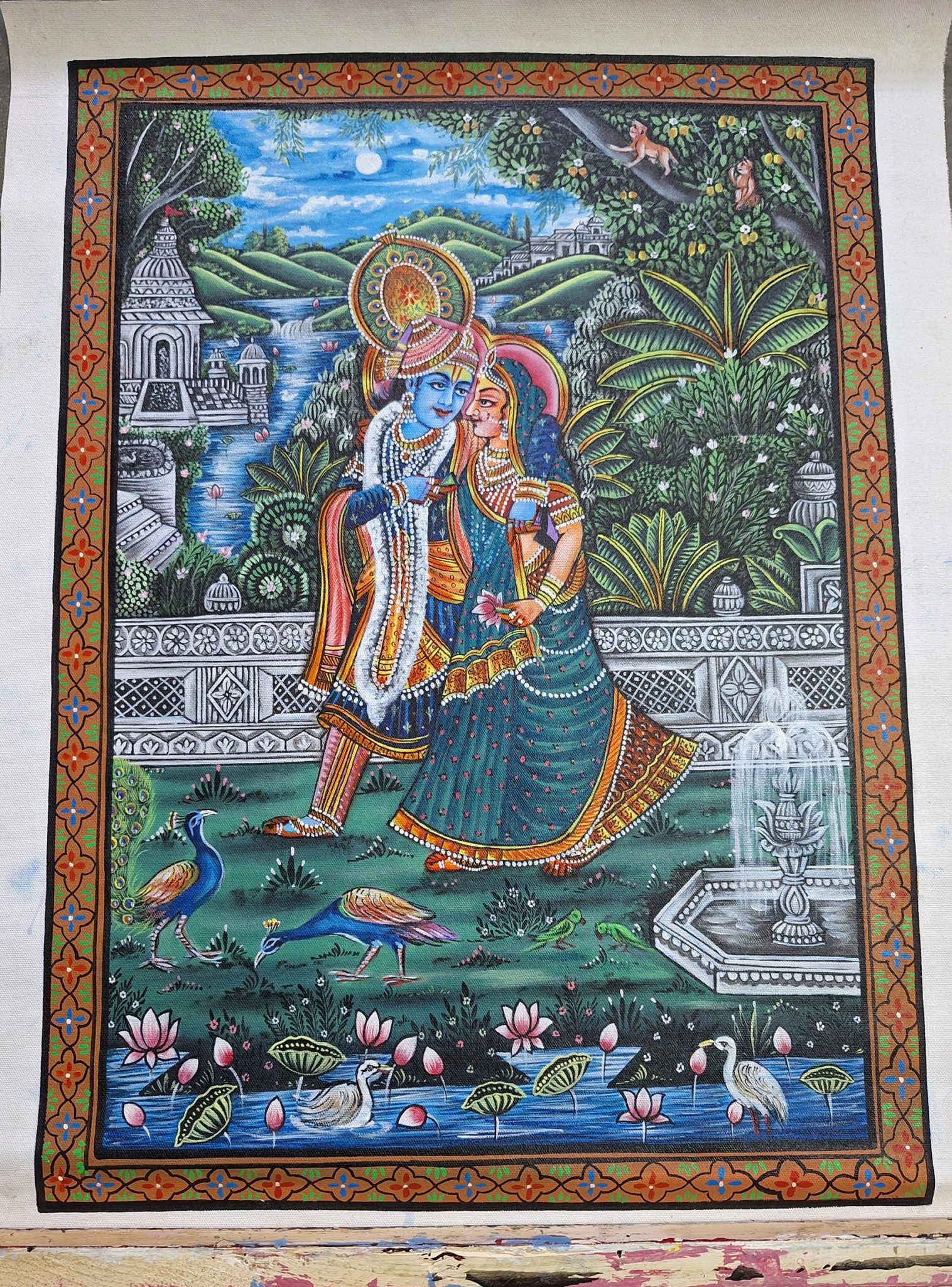radha, krishna, garden, river, temple, vibrant, peacocks, nature, love, relationship - Image 6