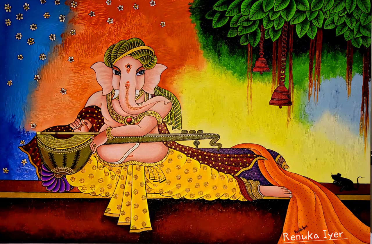 Ganesha with Musical Instrument - Indian Art - Renuka - 04