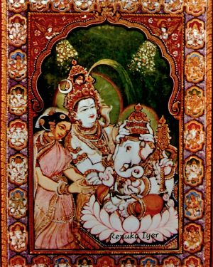 Ganesha with Parents & his 32 Divine Forms - Mysore Painting - Renuka - 04