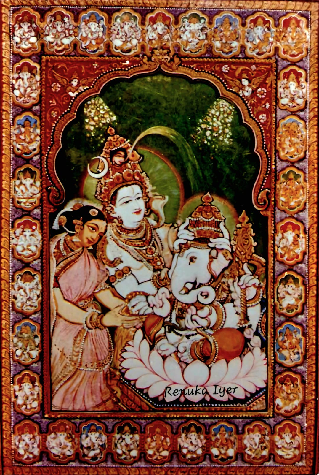 Ganesha with Parents & his 32 Divine Forms - Mysore Painting - Renuka - 04