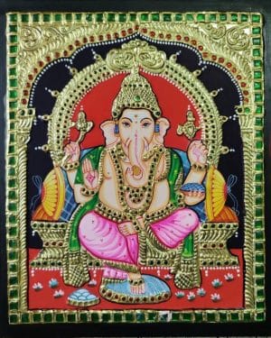 Ganesha – Traditional Tanjore Painting, 22k Gold (12″ x 15″ with Frame)