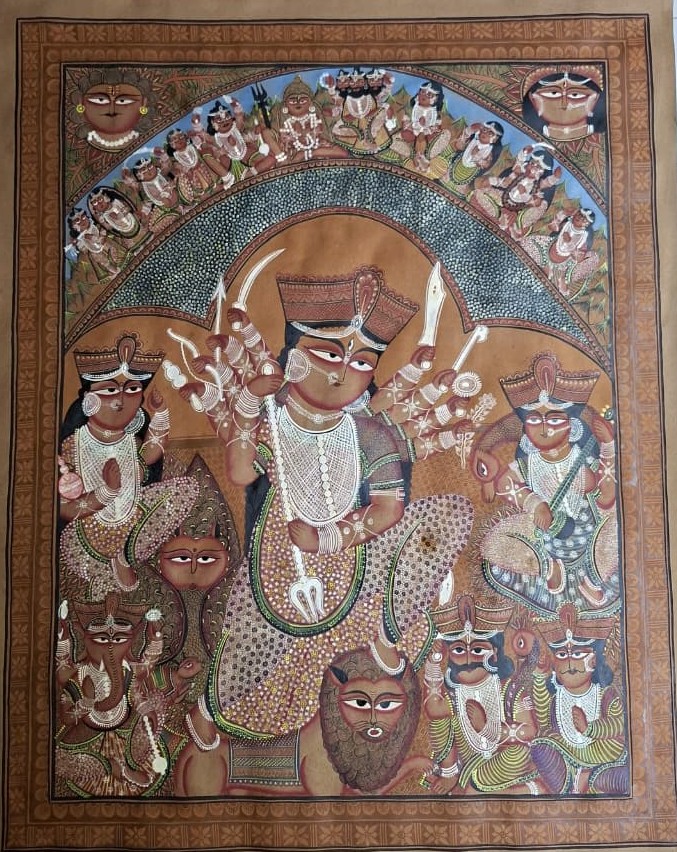 Maa Durga Family and Chalchitra - Kalighat Painting - Jahir